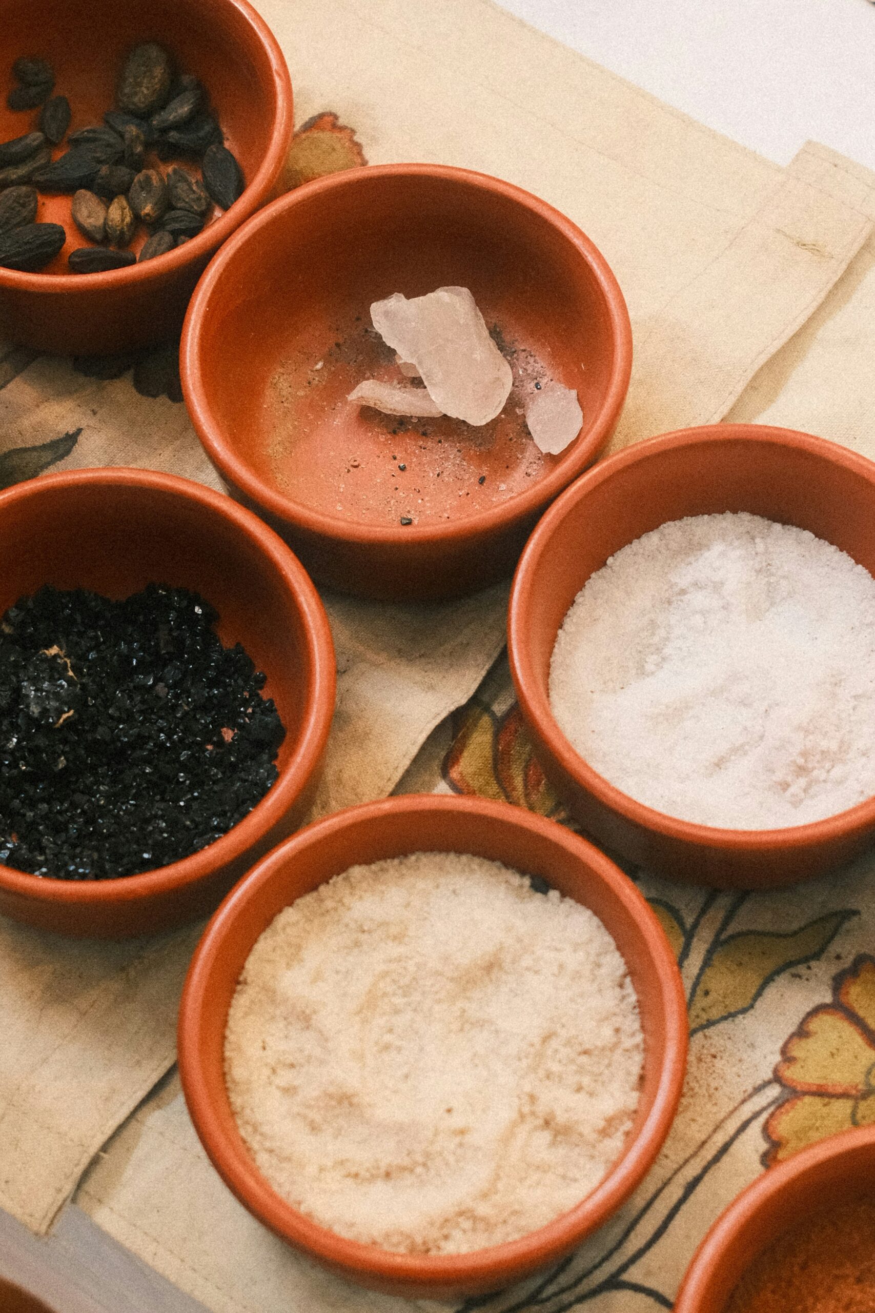 Terracotta bowls containing assorted dry ingredients, seeds and salt