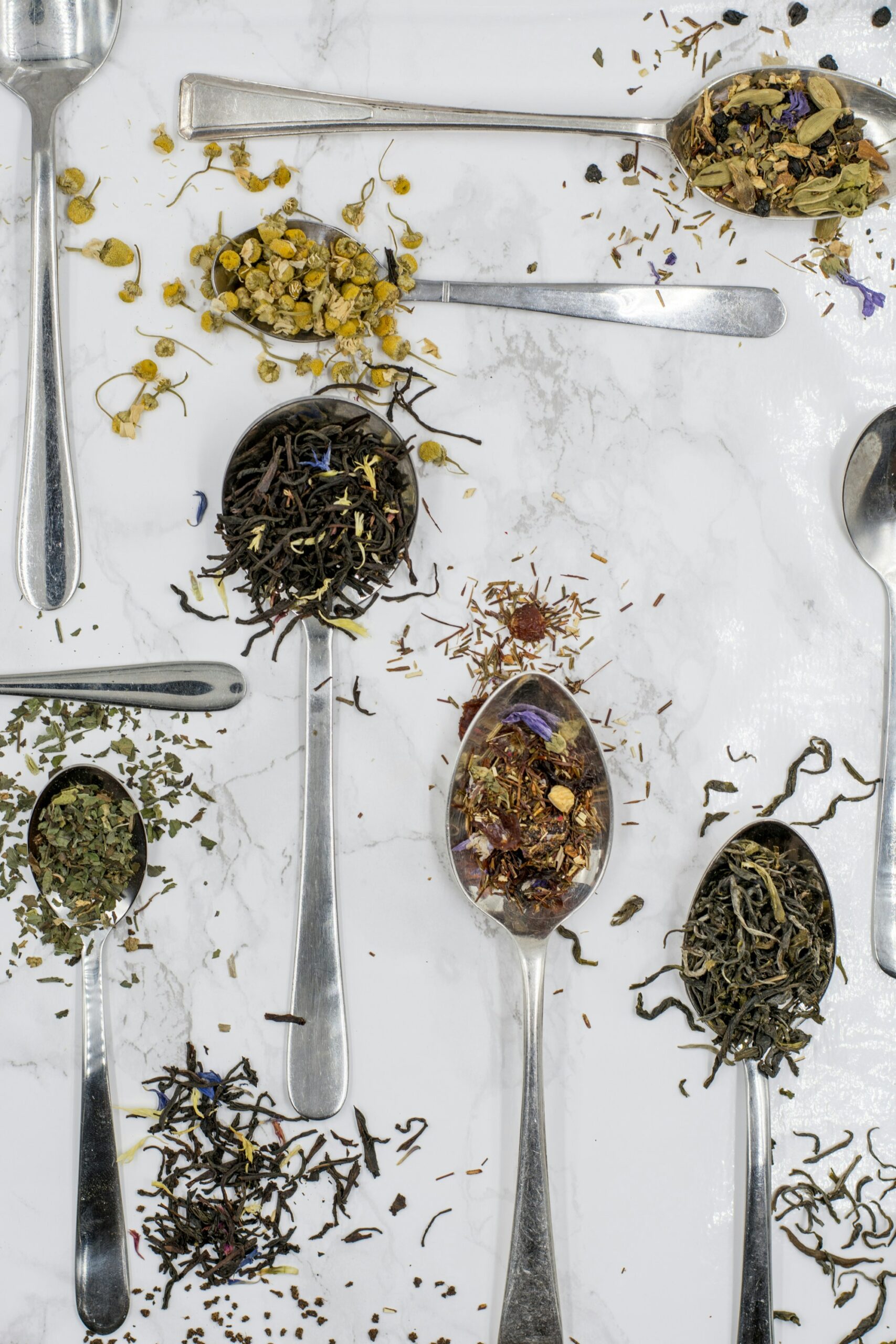 Loose tea leaves and botanicals arranged in spoons